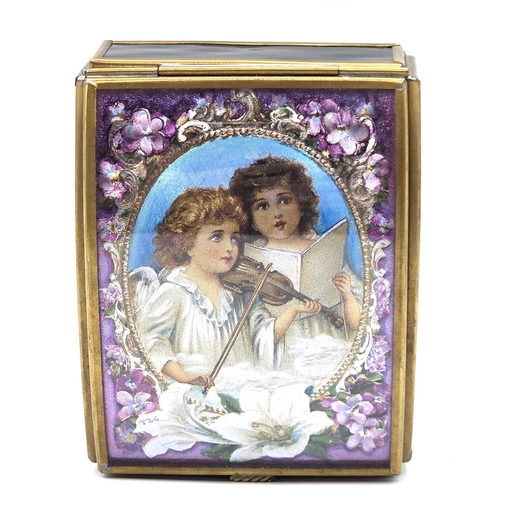 VINTAGE Angel Playing Violin‎ Music Box Thomas Cathey Metal Purple Glass 1993